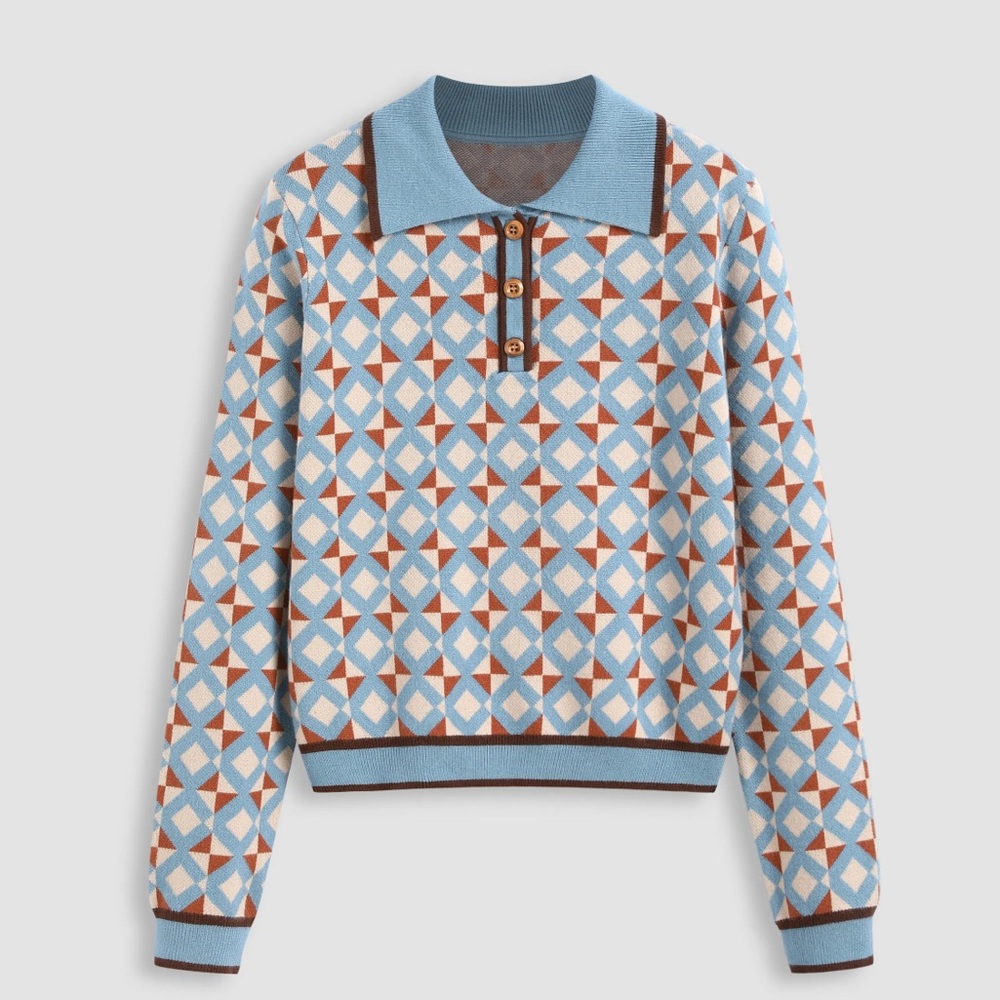 Cider Geometric Knit Polo Sweater in Light Blue, Brown, White
